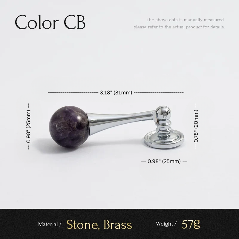 Measurement chart of a decorative item with stone and brass components on a white background.
