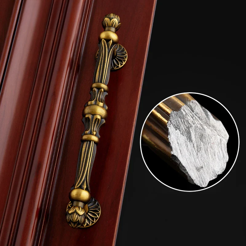 Decorative gold handle on a wooden surface with a close-up inset showing metal texture.