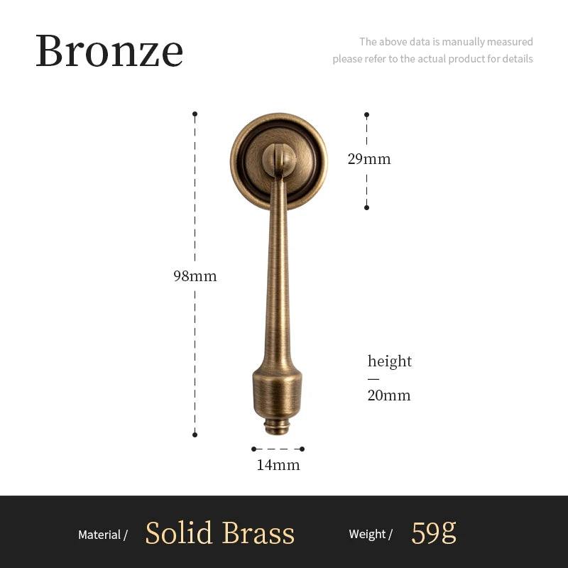 Bronze door handle with measurements on a white background