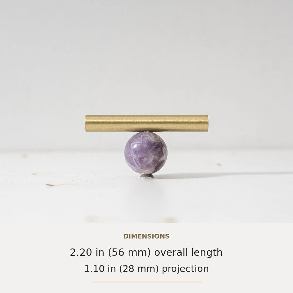 Purple decorative accent and brass T-bar cabinet knob