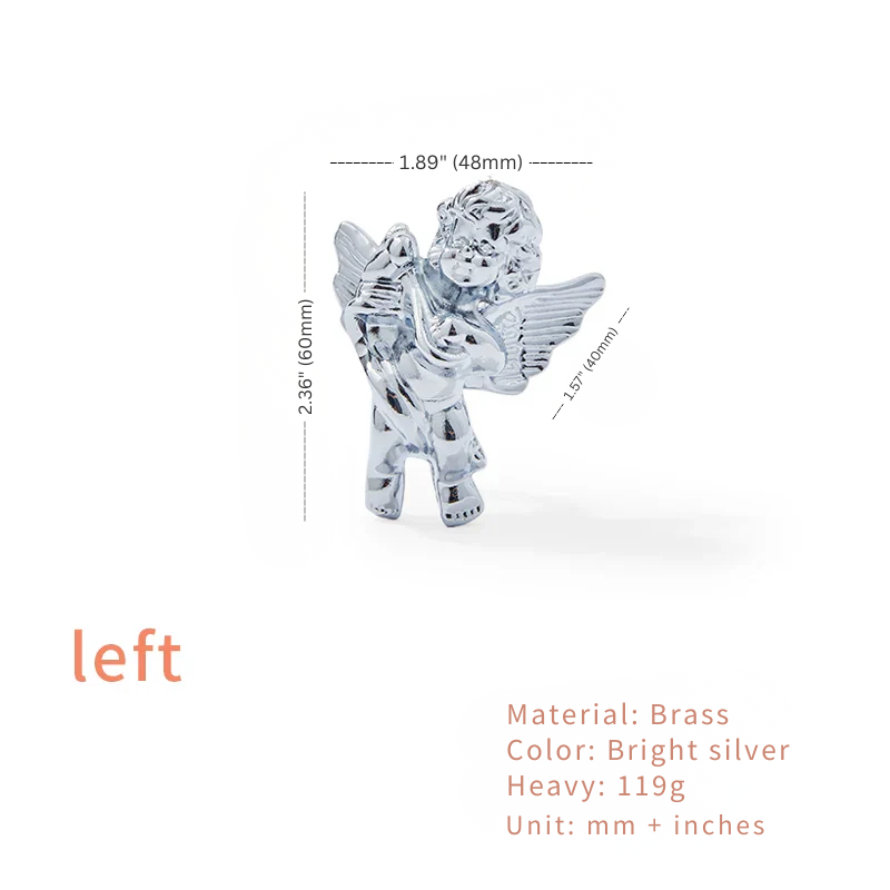 Silver angel figurine with measurements on a white background