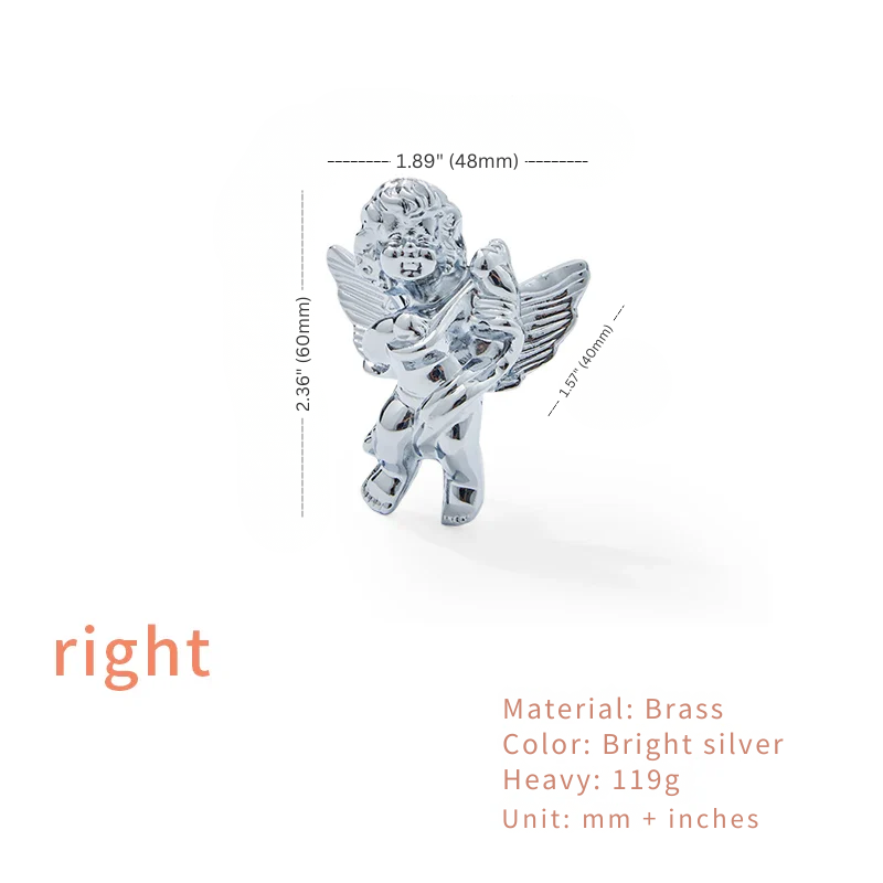 Silver angel figurine with measurements on a white background