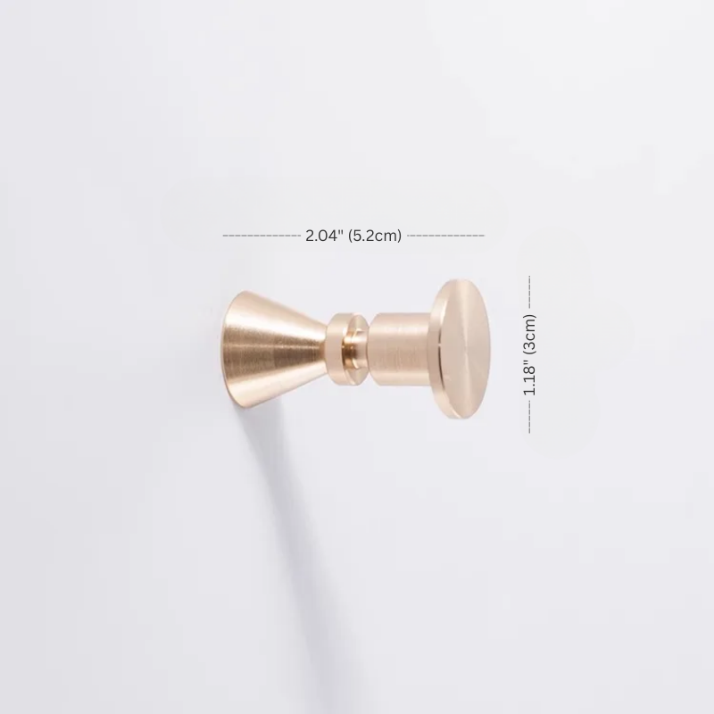 Brass door handle with dimensions on a white background