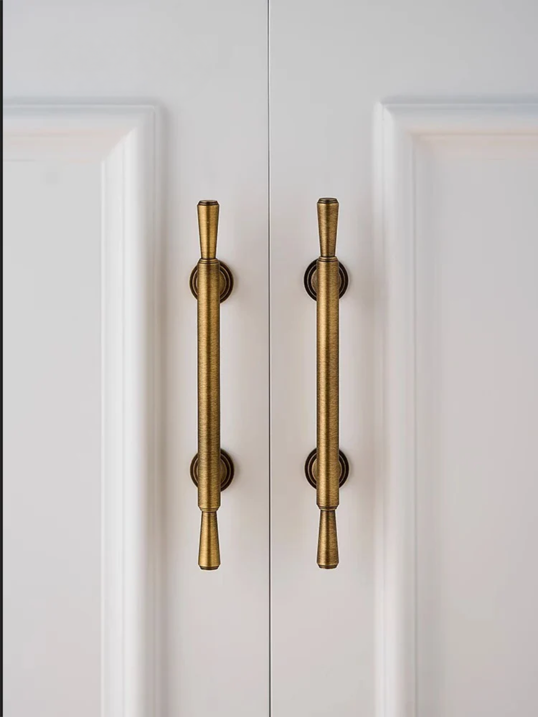 Pair of white doors with gold handles on a white background