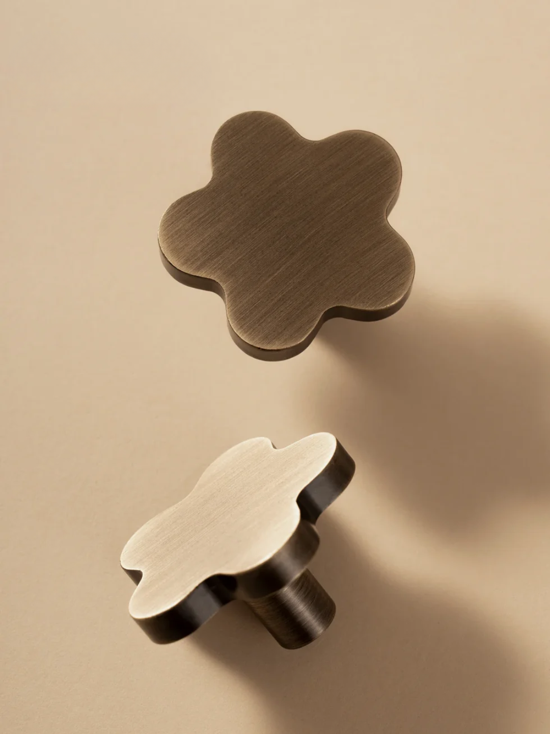 Two metallic flower-shaped knobs on a beige background