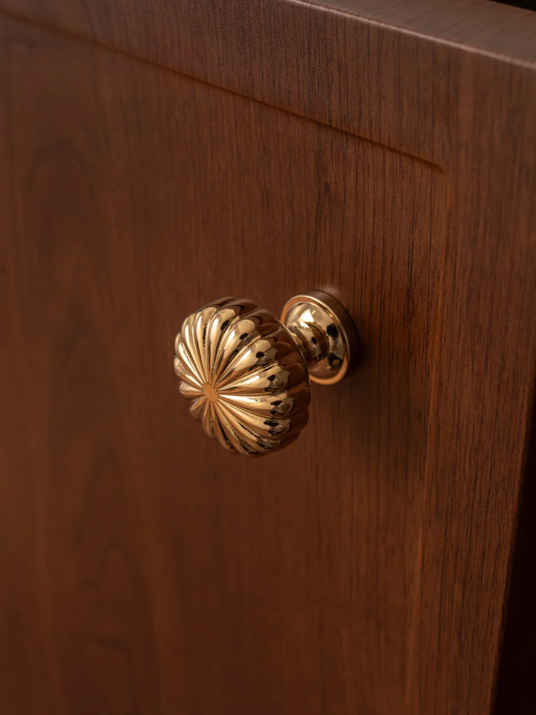 Close-up of a wooden cabinet with a gold knob