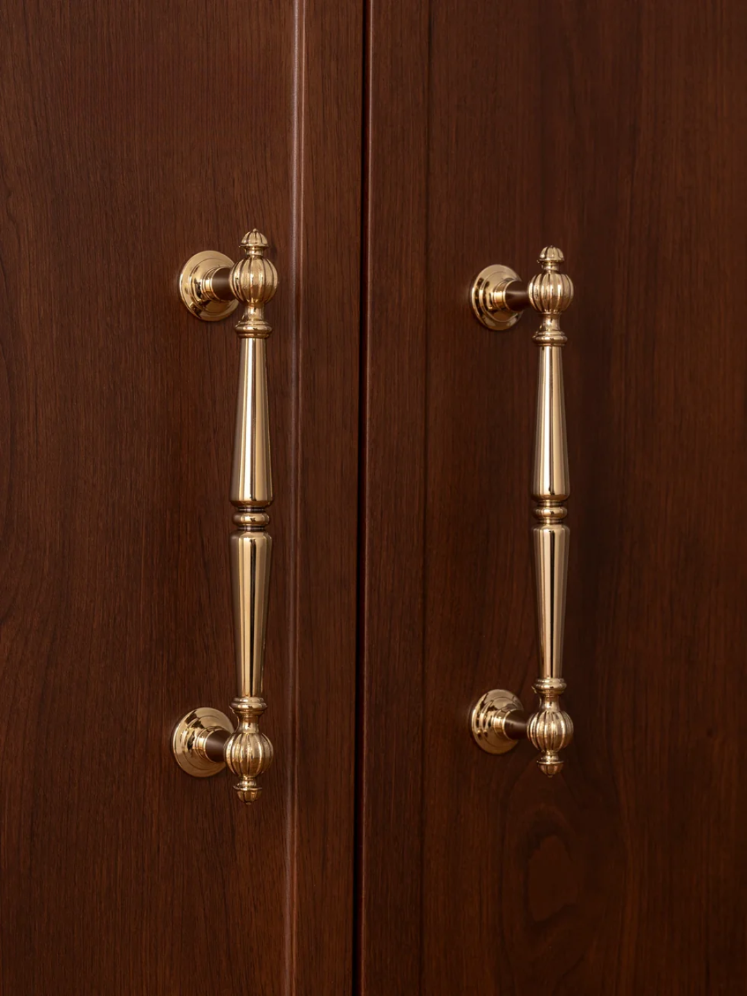 Close-up of wooden cabinet doors with brass handles