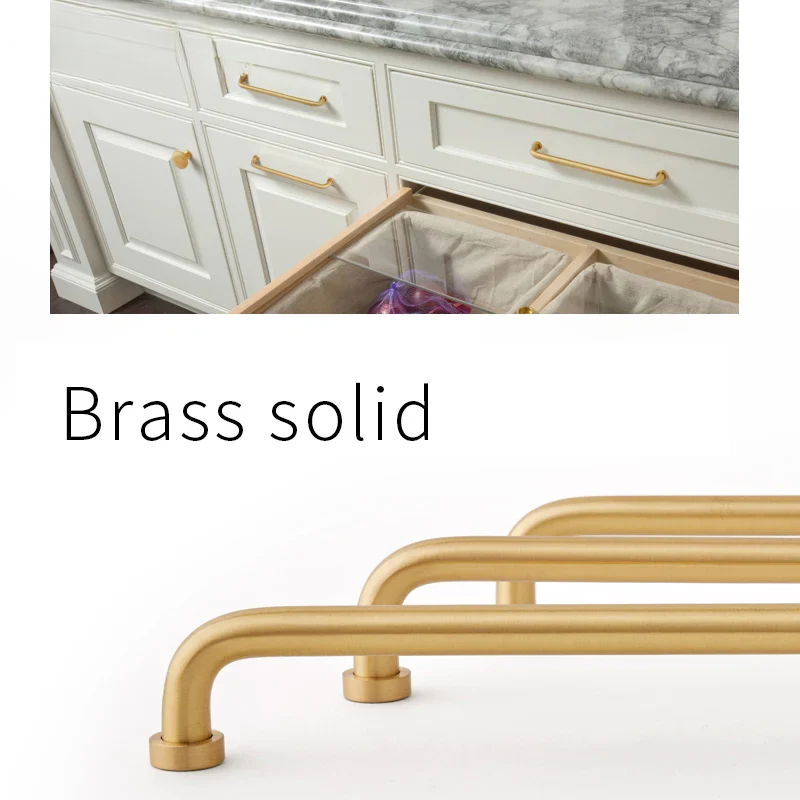 Cabinets with brass solid handles and a close-up of the handles on a white background.