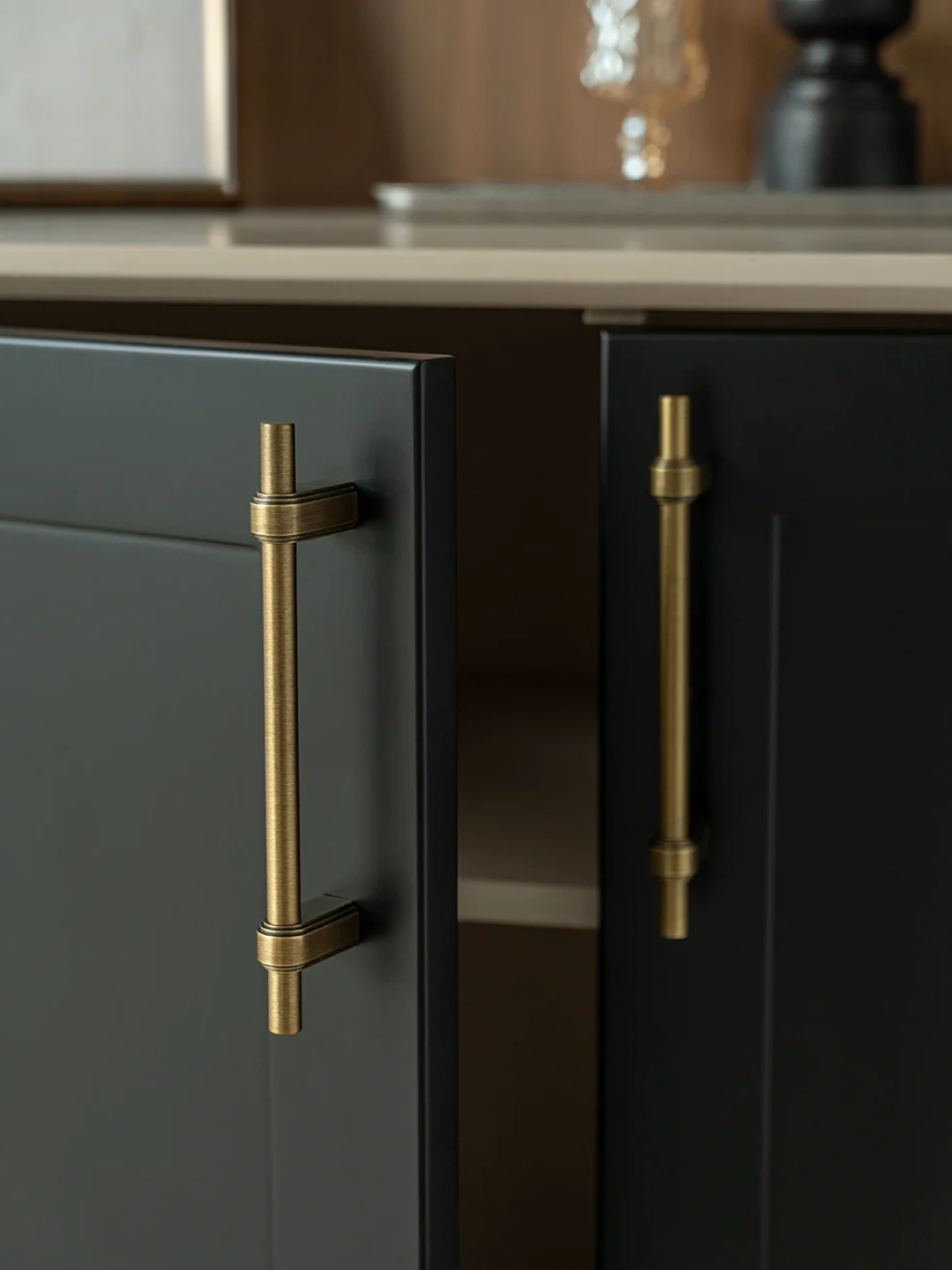 Cabinet with brass handles on a blurred background