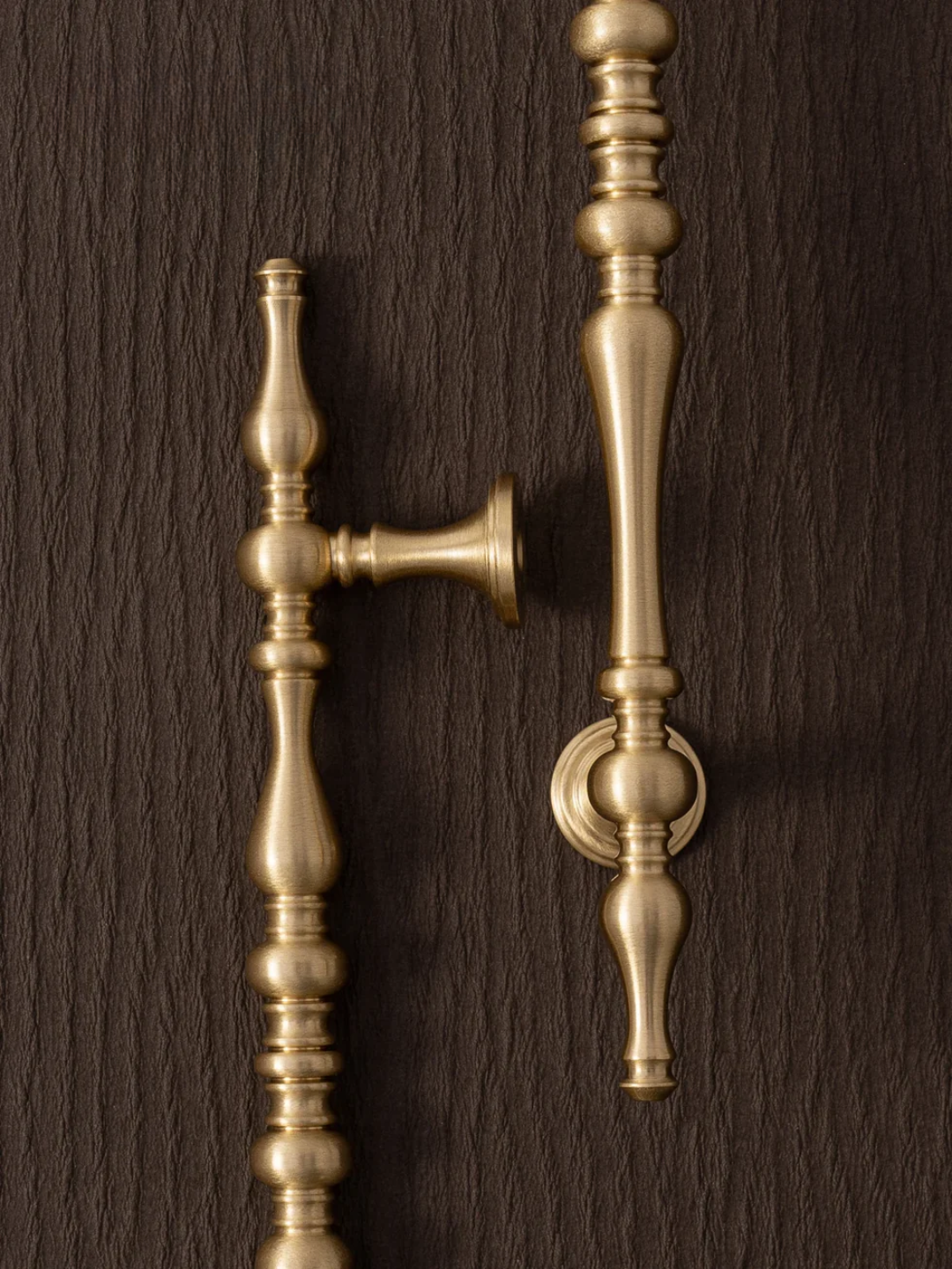 Pair of ornate brass door handles on a dark brown background