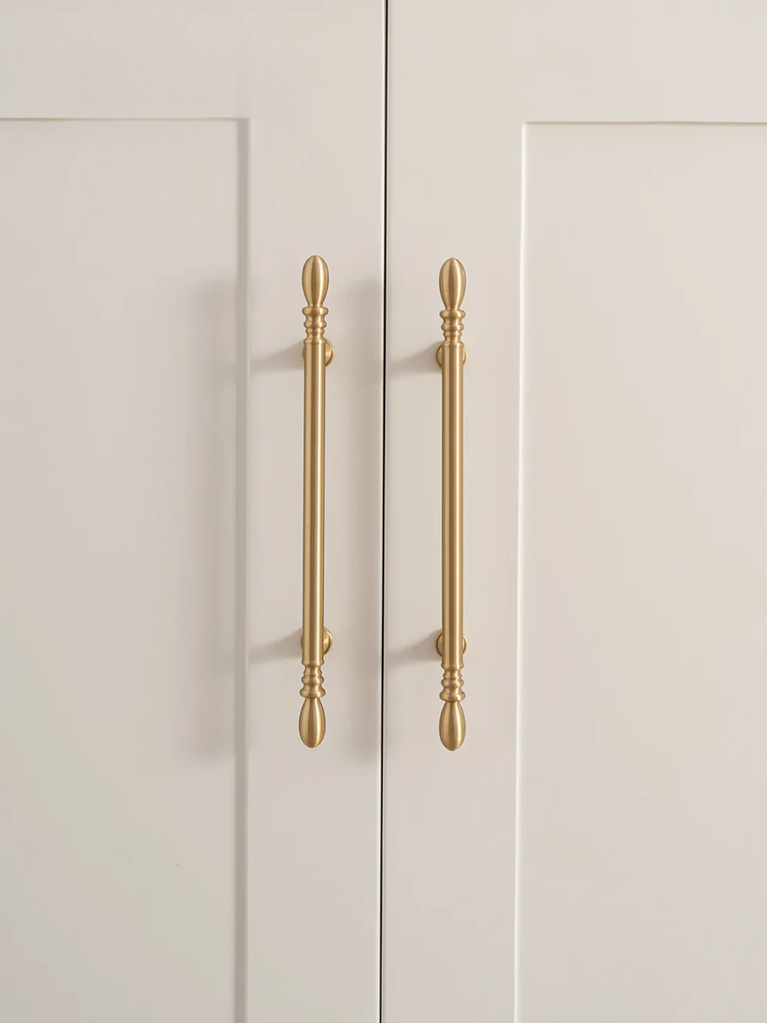 White cabinet doors with gold handles on a white background