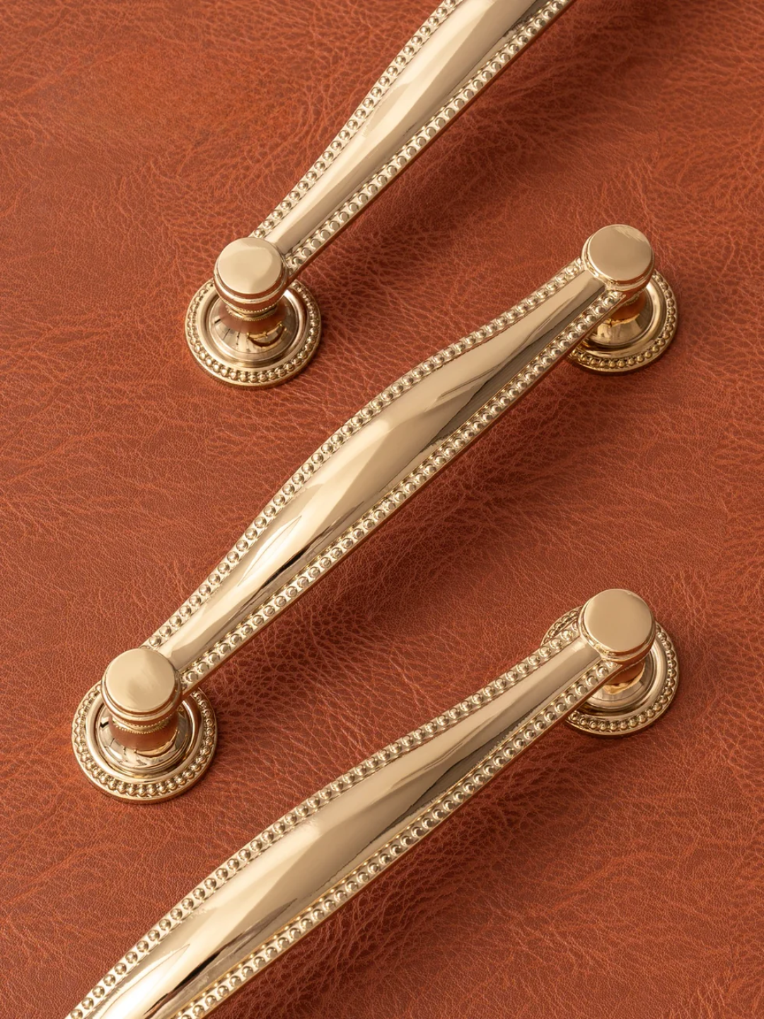Gold cabinet handles on a brown leather surface