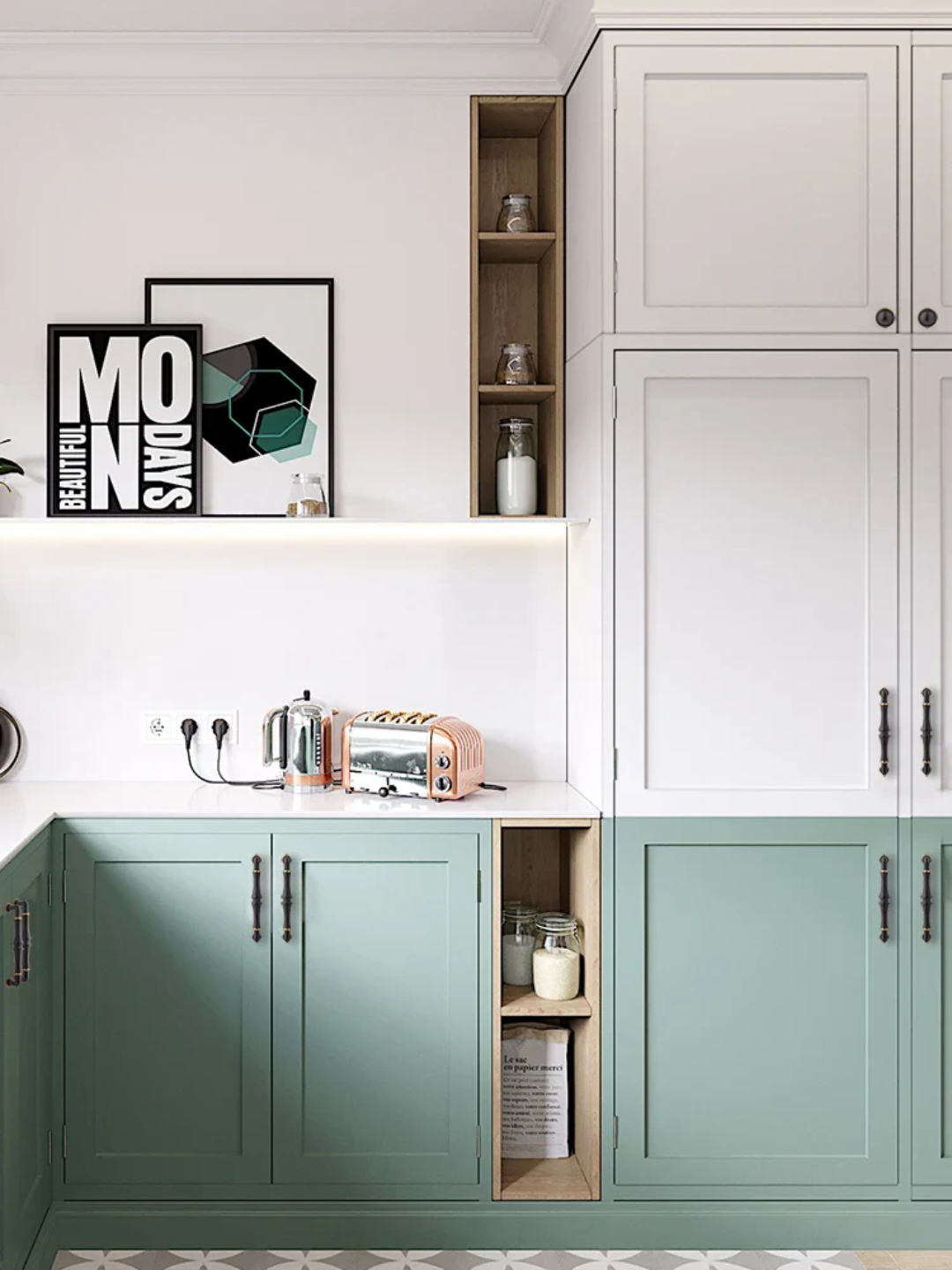 Kitchen interior with green cabinets, white walls, and a small shelf.