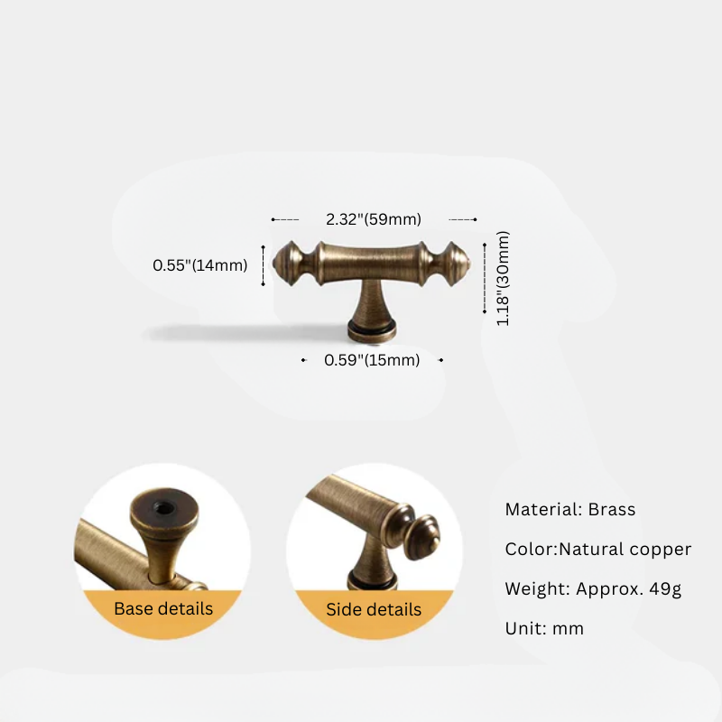 Brass cabinet handle with measurements and details on a white background