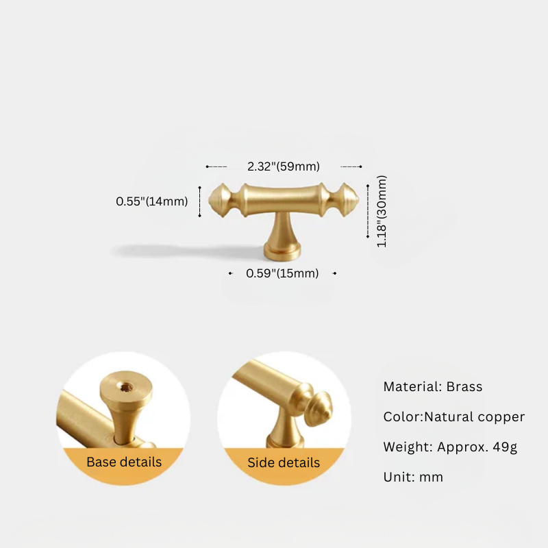 Gold cabinet handle with measurements and details on a white background