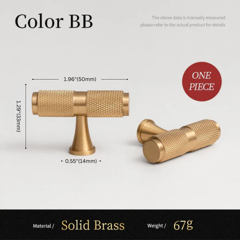 Gold-colored brass knob with dimensions and material details on a light gray background
