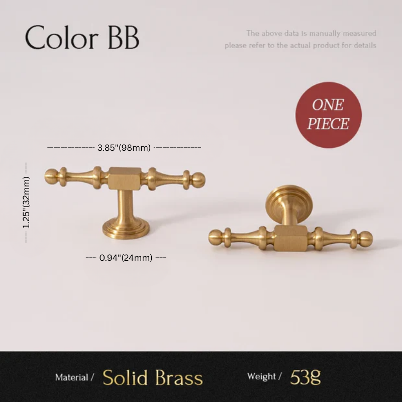 Solid brass door handles with measurements on a light gray background
