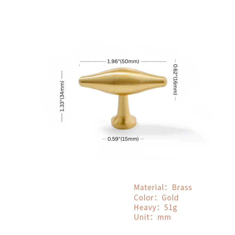 Gold cabinet knob with dimensions and material details on a white background