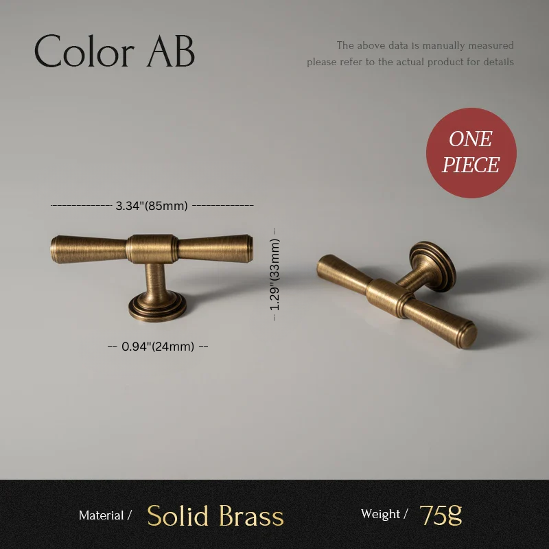 Two brass cabinet handles with measurements on a gray background