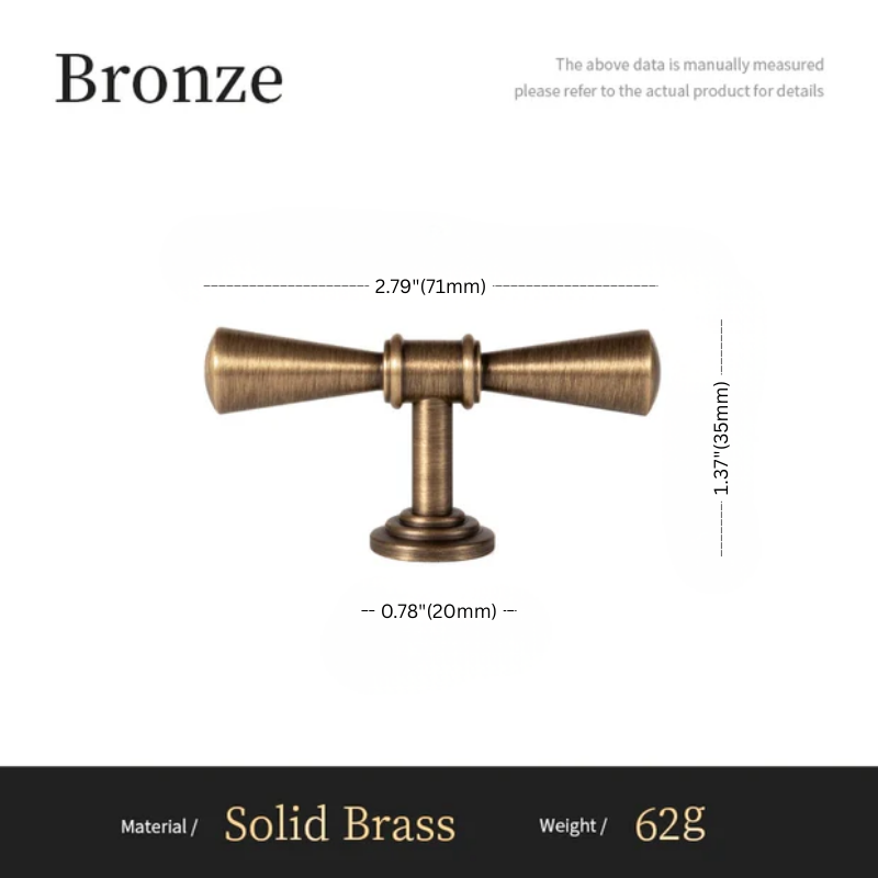 Bronze cabinet knob with dimensions and material details on a white background