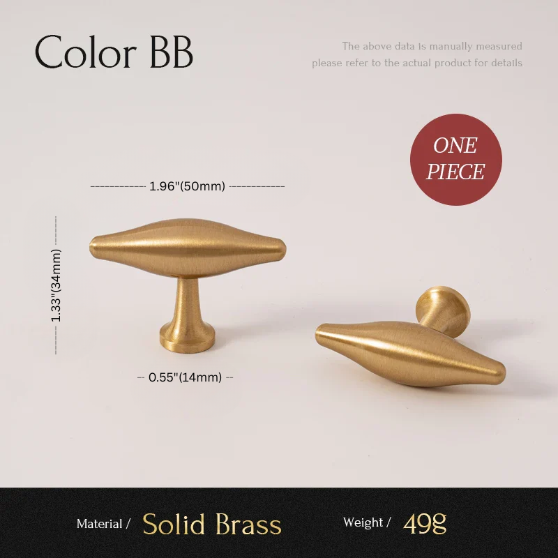 Gold cabinet knobs with measurements and material details on a white background