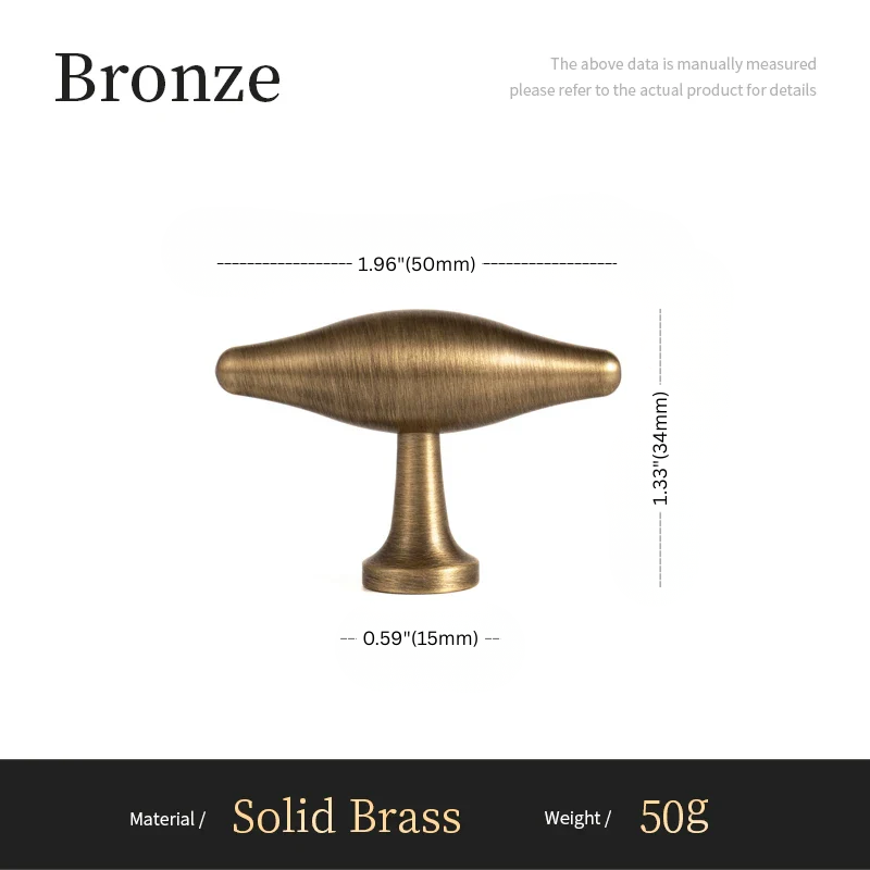 Bronze cabinet knob with dimensions and material details on a white background