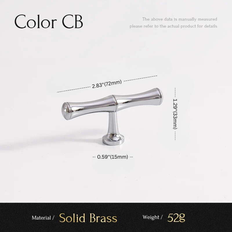 Chrome cabinet handle with dimensions and material details on a white background
