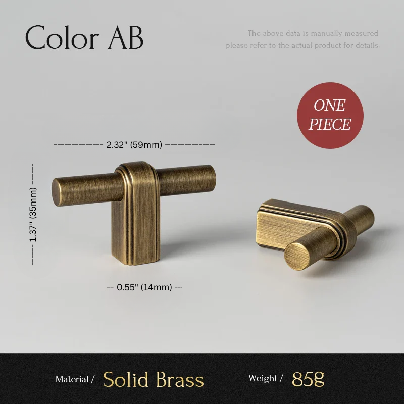 Solid brass hardware piece with dimensions and material details on a gray background