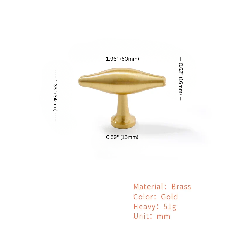Gold cabinet knob with dimensions and material details on a white background