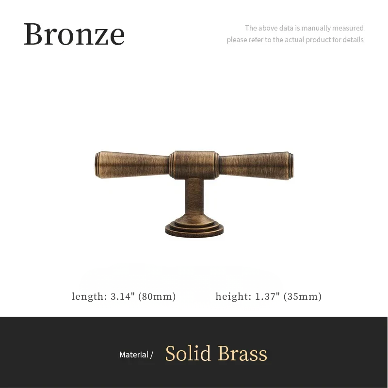 Bronze cabinet handle with dimensions and material information on a white background
