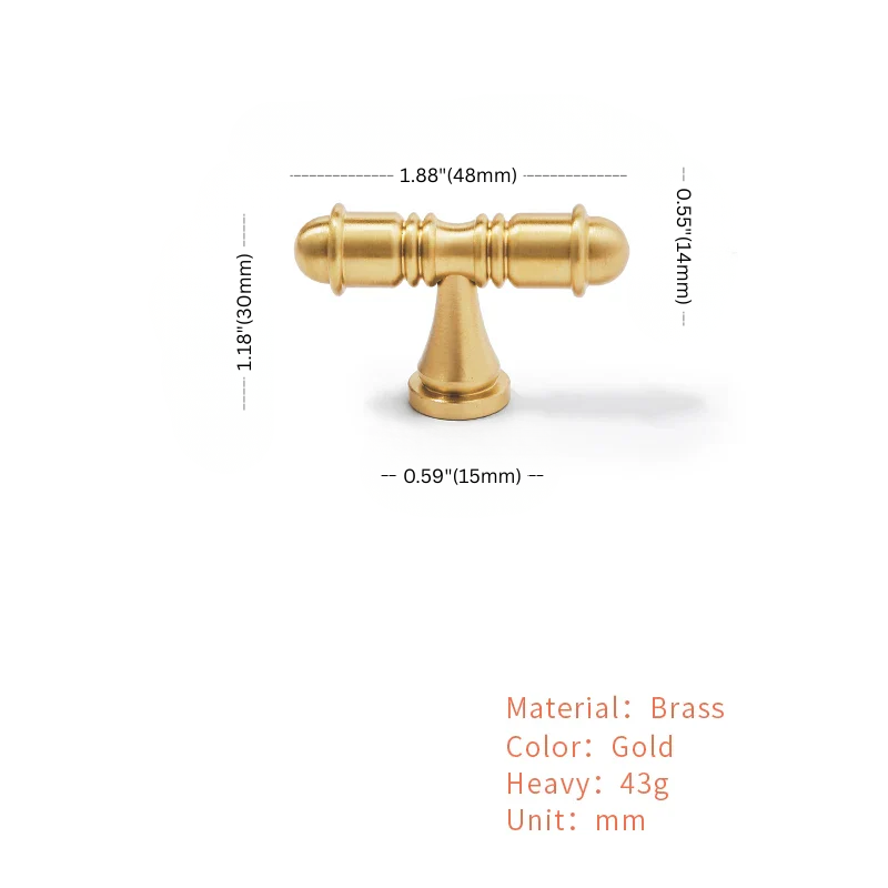 Gold door handle with dimensions and material information on a white background