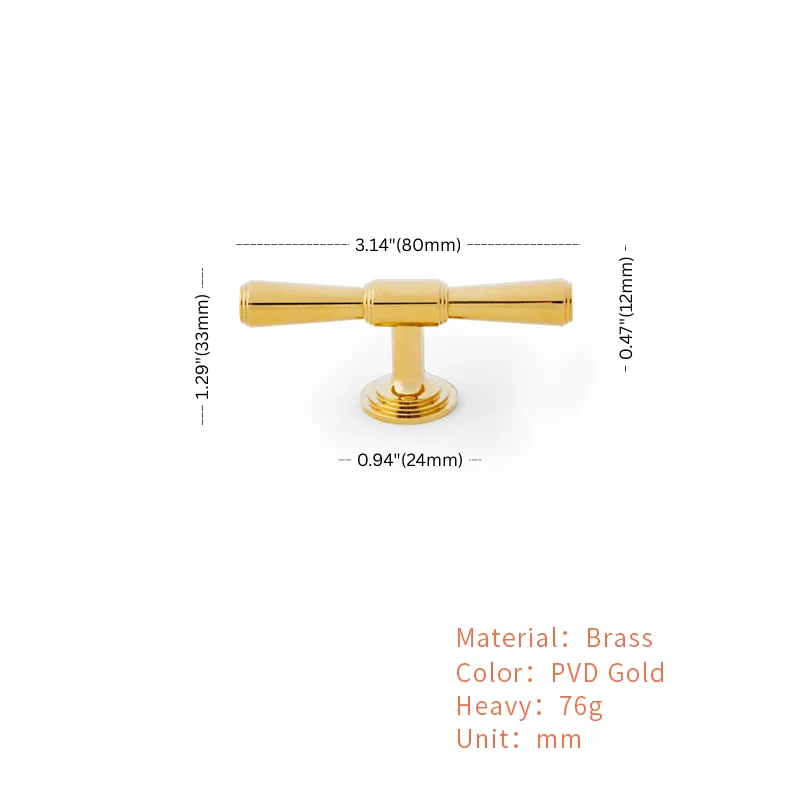 Gold metal handle with dimensions and material details on a white background