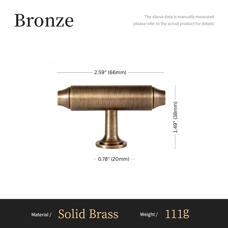 Bronze cabinet handle with dimensions and material details on a white background
