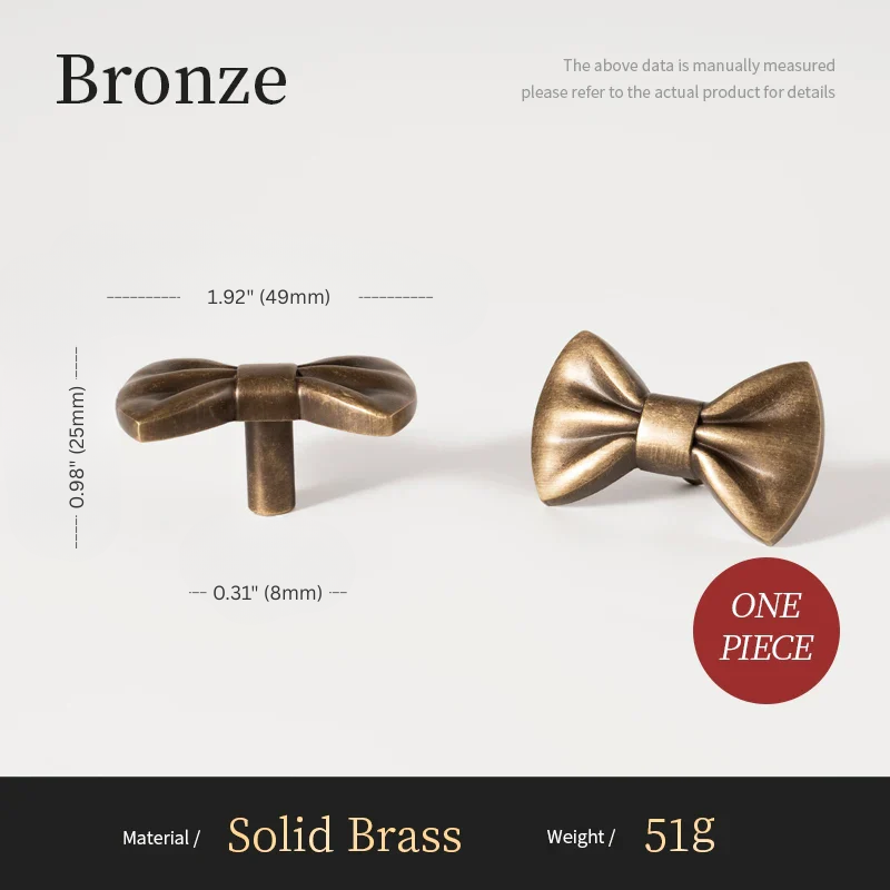 Bronze bow-shaped object with measurements and material details on a white background