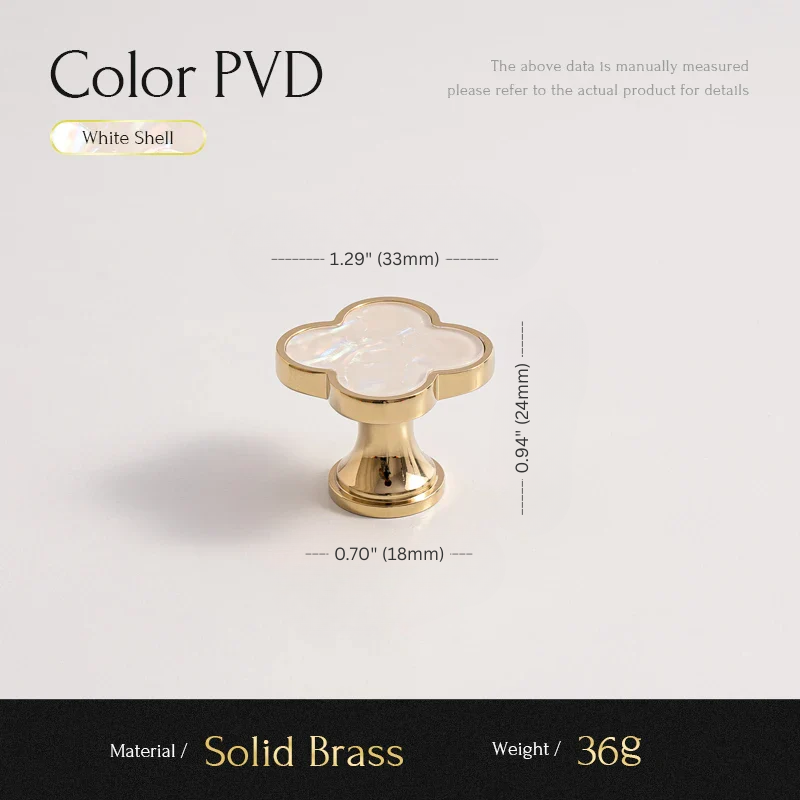 Gold cabinet knob with white shell, measurements, material, and weight information on a light gray background.