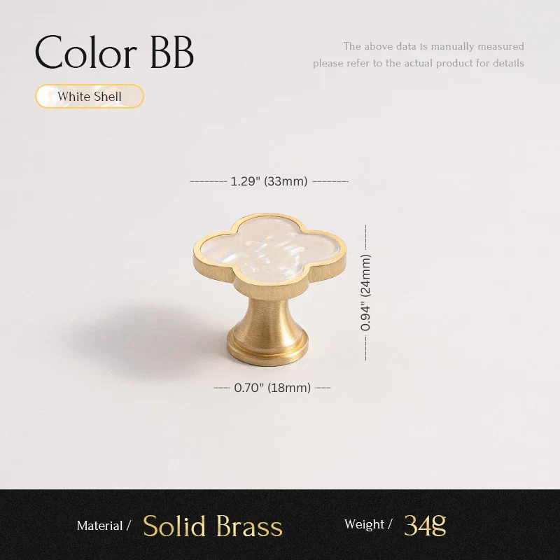 Gold cabinet knob with measurements on a white background
