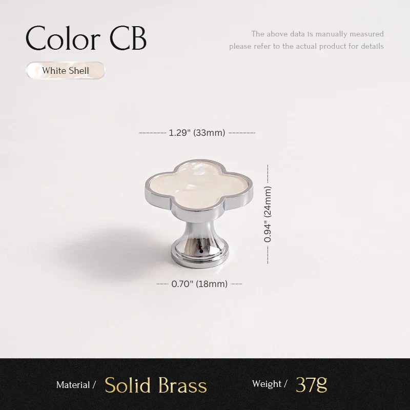 Cabinet knob with measurements and material details on a white background