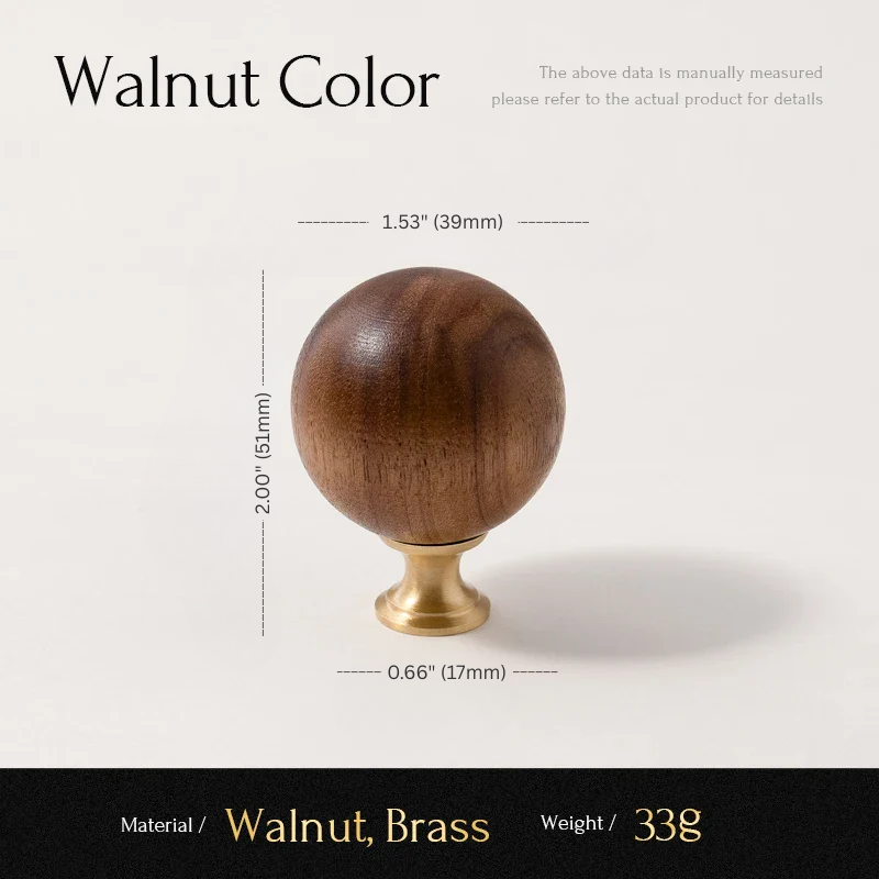 Wooden knob with brass base and measurements on a white background