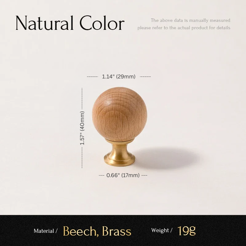 Wooden knob with brass base and measurements on a white background
