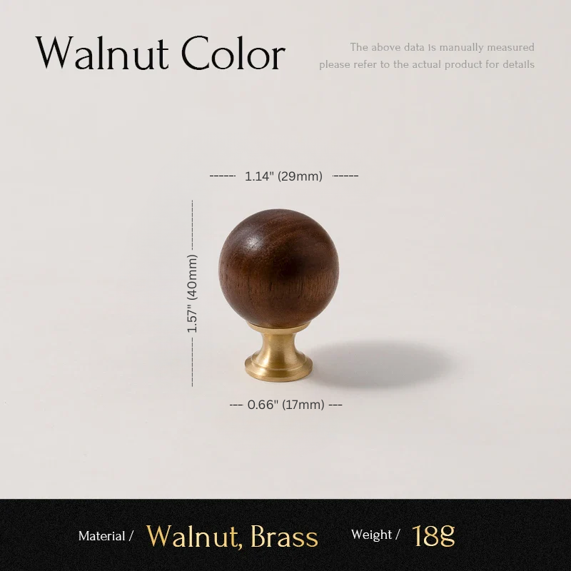 Wooden knob with brass base and measurements on a light gray background