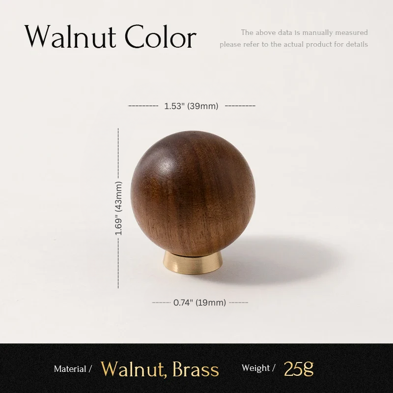 Wooden knob with brass base and measurements on a white background
