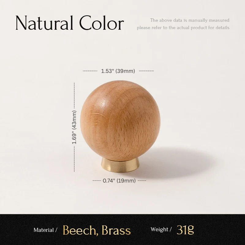 Wooden knob with brass base and measurements on a white background