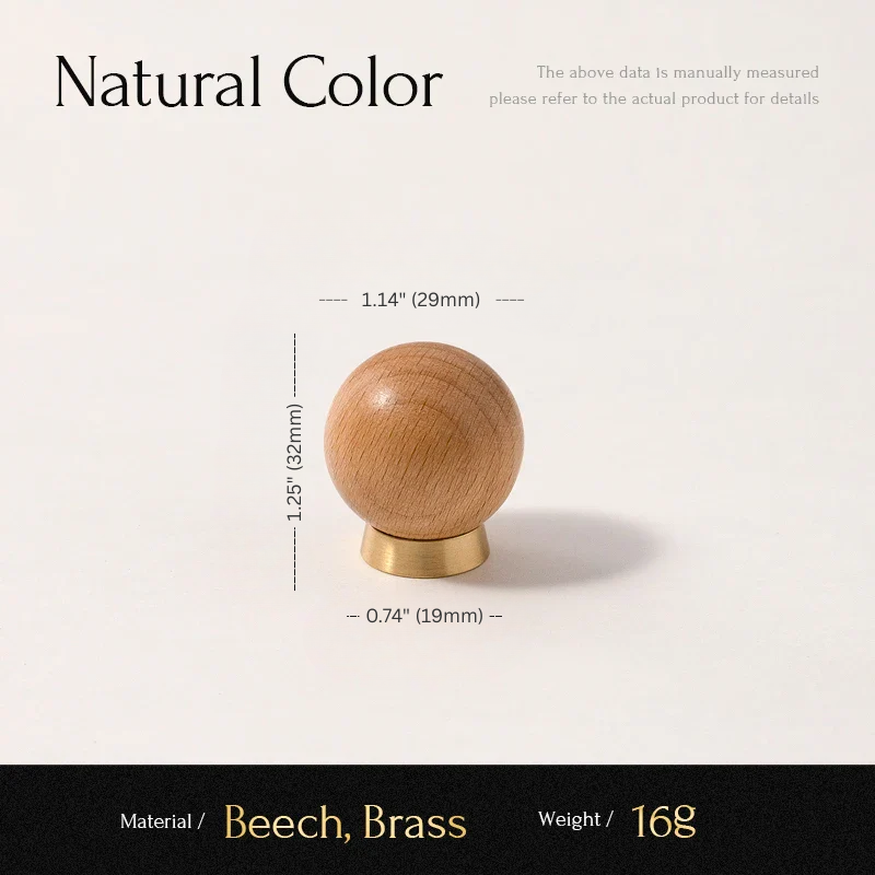 Wooden knob with brass base and measurements on a light beige background