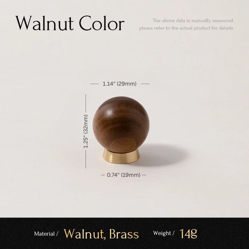 Wooden knob with brass base and measurements on a light gray background
