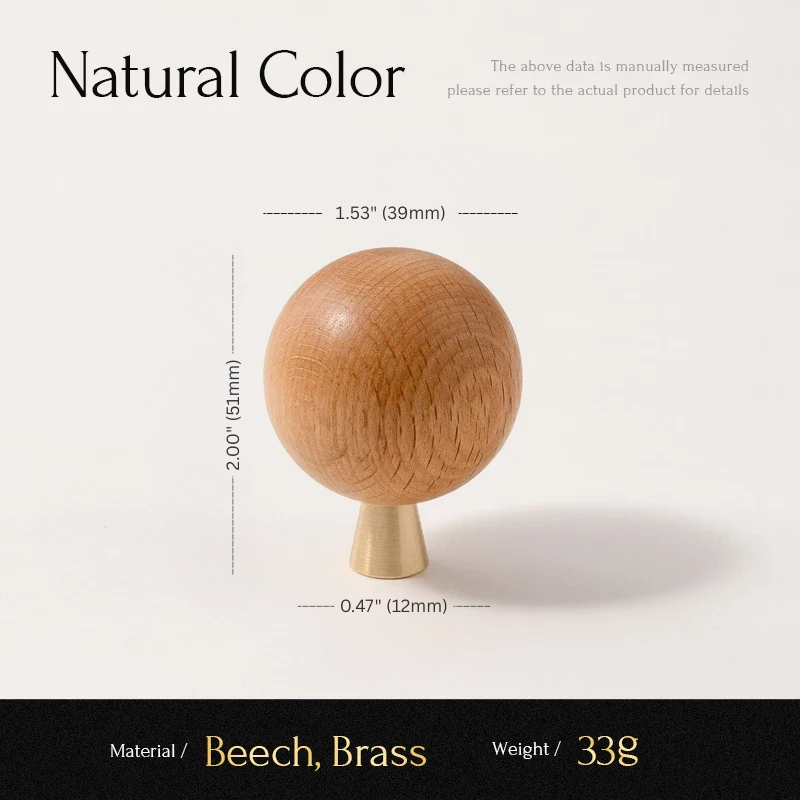 Wooden ball with measurements and material details on a white background