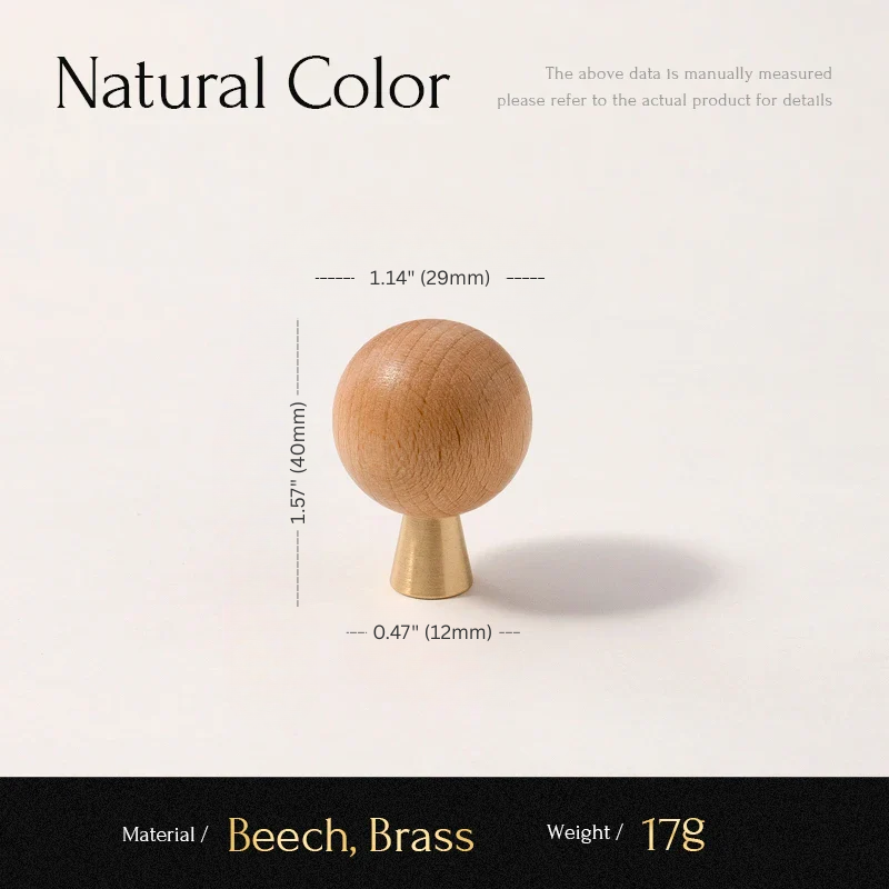 Wooden object with brass base and measurements on a white background