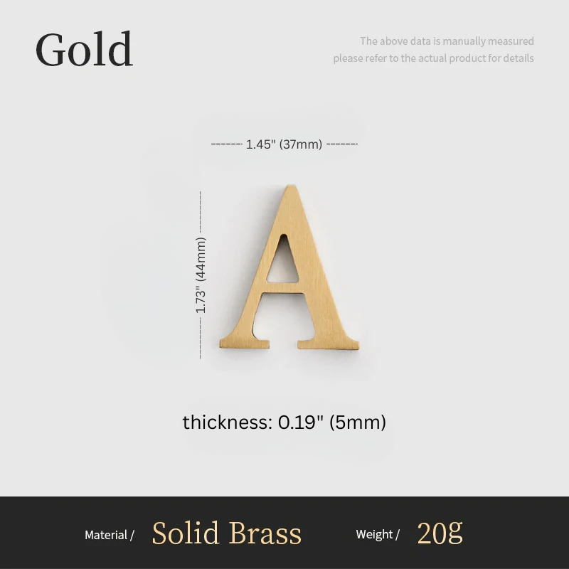 Gold letter 'A' with measurements on a white background