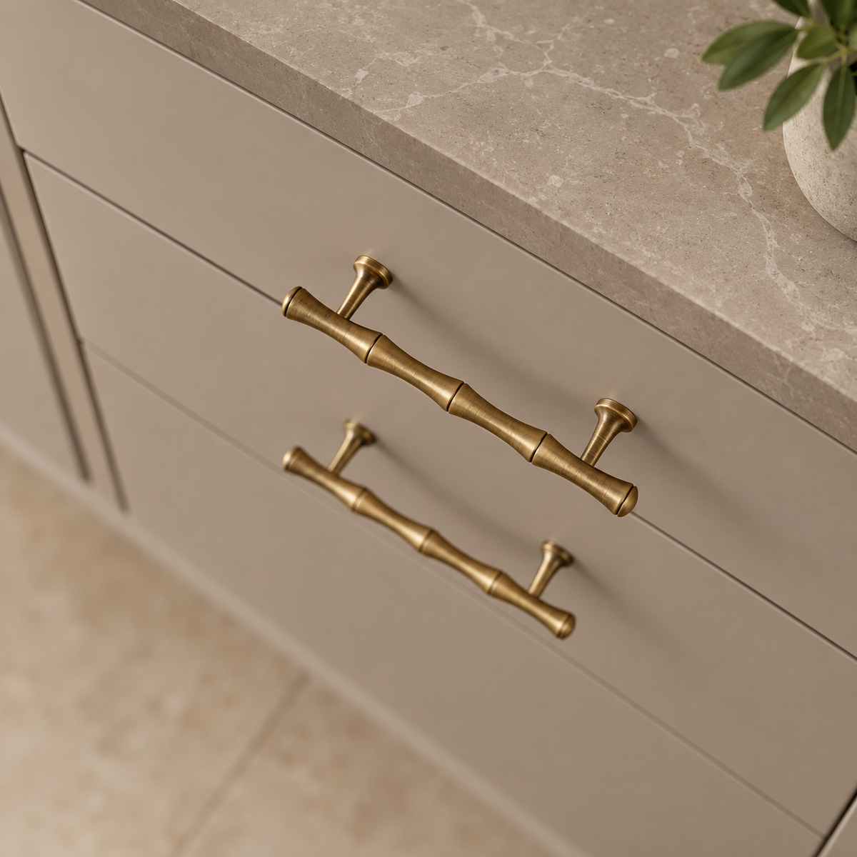 Solid Antique Brass Cabinet Pull & Knob — Bamboo Modern Design — installed