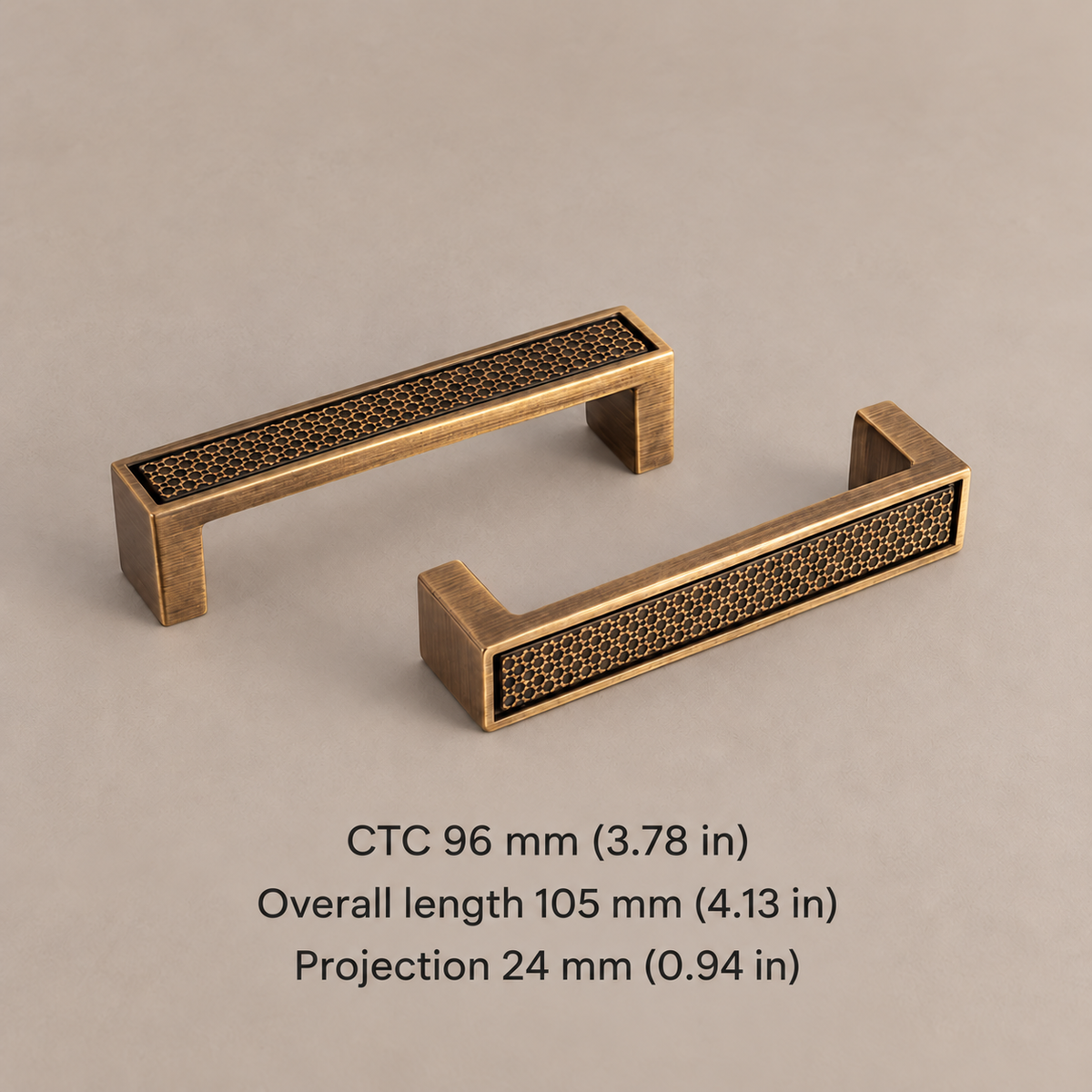 96 mm mounting centers, 105 mm overall length, 24 mm projection with inch conversions