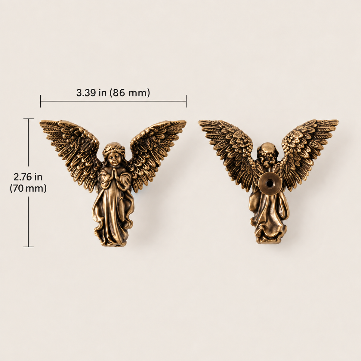 Antique brass angel cabinet knob front and back with 86 mm width and 70 mm height in inches and millimeters